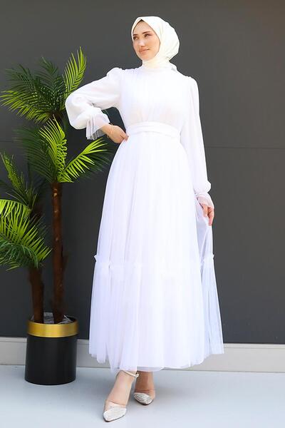 GİZ AGİYİM Λευκό φόρεμα από τούλι - Ζώνη και βολάν