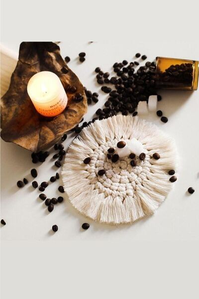 MusMir Makrome Krem Yuvarlak Makrome Bardak Altlığı ( 1 Adet )