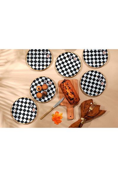 GÜRCÜGLASS Checkered Butterfly Cake Plate 6 Pieces Diameter 20 Cm