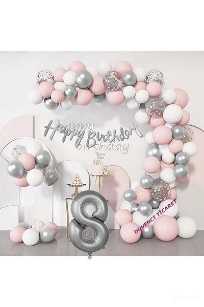 DÜVENCİ TİCARET Pink Silver Balloon Chain Set for Birthday