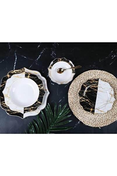 Sembol Marble Siyah Beyaz Mermer Desen 24 Parça Bone Chına Yemek Takımı