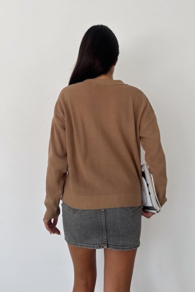 FEMELLE Γυναικεία μπλούζα από βαμβακερό πλεκτό γιακά πόλο καφέ