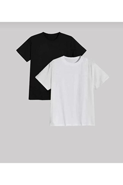 NO 601 Tricou unisex negru-alb, simplu, fără model, pachet de 2, oversize, co...