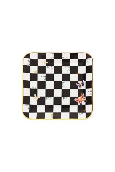 GÜRCÜGLASS Georgian Glass Checkered Butterfly Square Cake Plate 18 Cm 6 Pieces