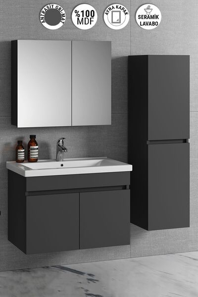 ÖZCEDEN 80 35 Cm Antrasit Gri Mat Mdf Seramik Lavabolu Asma Banyo Dolabı Takımı