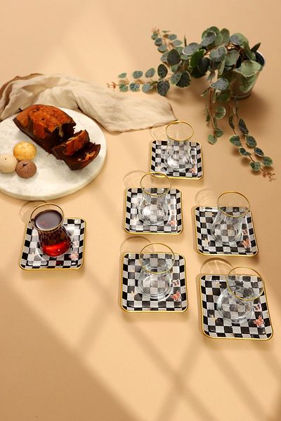GÜRCÜGLASS Checkered Pattern Square Tea Set New