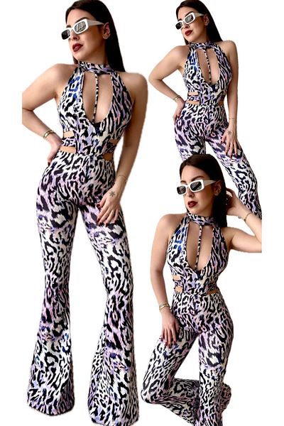 Özel Tasarım Leopard Print Women's Jumpsuit - Spanish Leg, Waist and Chest Low Cut