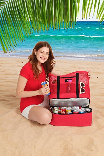 ELEPHANT ÇANTA Κόκκινη τσάντα παραλίας Thermos - Αδιάβροχο μοντέλο με δίχτυ πολλαπλών τσέπης