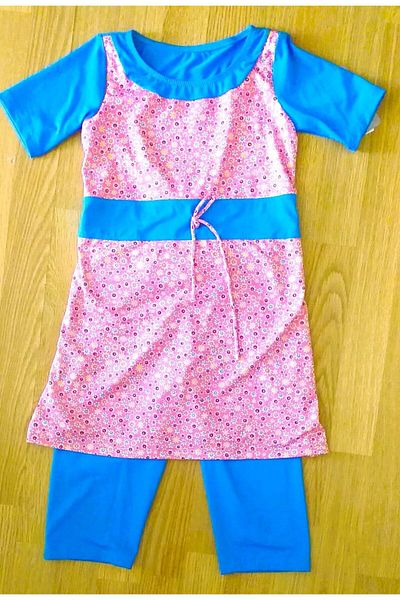 Asmay Blue Printed Girl's Hijab Swimsuit - Short Sleeve and Short Tights