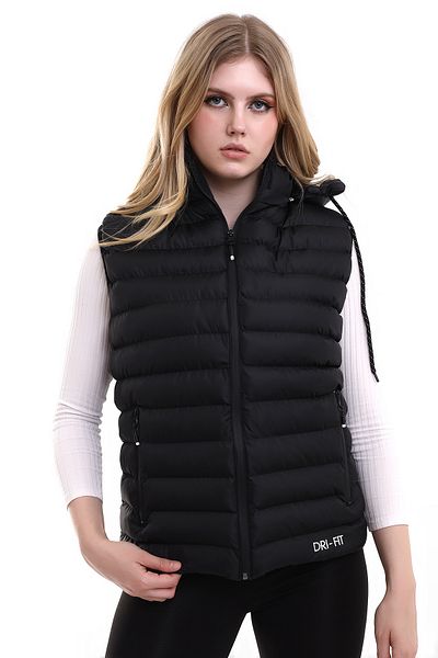 Ayşo Black Waterproof Puffer Vest - Zippered Hood with Inner Pocket
