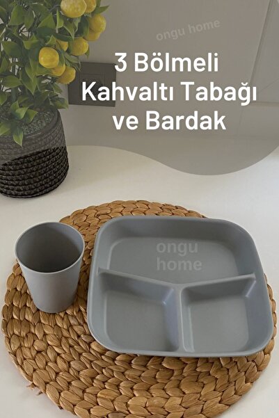 ongu home Kahvaltı Tabağı Üç Bölmeli Tabak Mama Tabağı 1 Adet - Gri