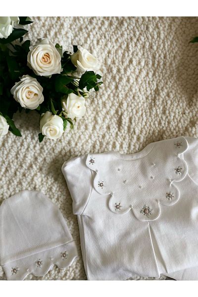 Mama Miel Baby Flower Collar Mevlite Suitable Pearl and Rose Jumpsuit and Slice Detailed Embroidered Beret Hat / Special Edition