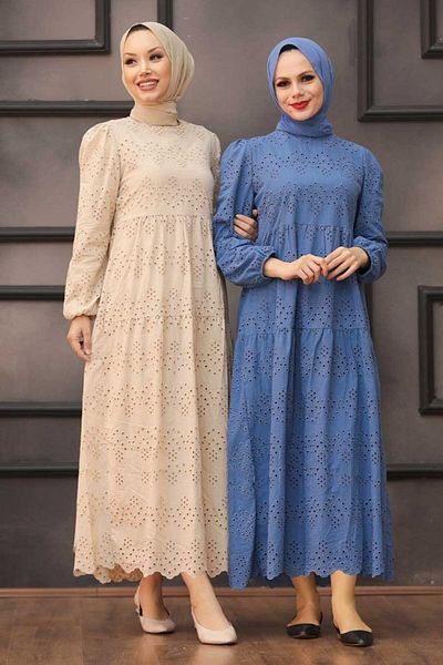 Neva Style Rochie Hijab Bej - Cu Elastic la Capatul Maneci 1073bej