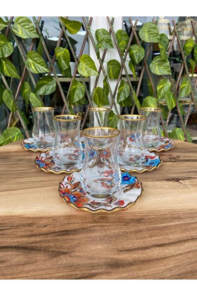 GÜRCÜGLASS Beyaz Çiçek Model Altın 12 Parça Çay Seti.