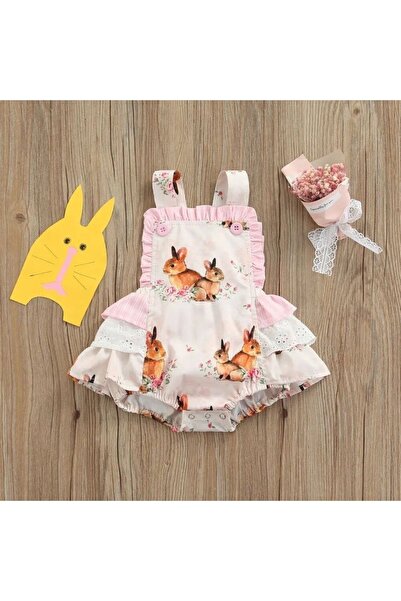 SMP Tavşan Baskılı Fırfırlı Kolsuz Kız Bebek Tulumu