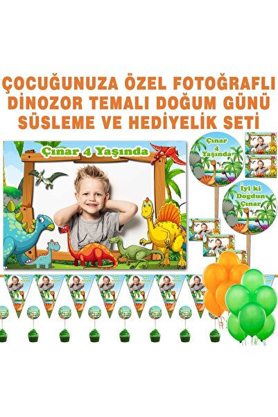 Sunligo Dinozor Temalı Fotoğraflı Doğum Günü Seti Afiş, Magnet, Flama, Konuşma Balonu, Ikram Kürdanı, Balon