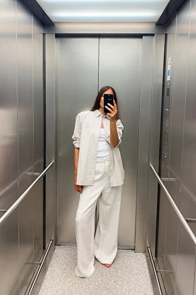 My Blog Bílé lněné rovné kalhoty s elastickým pasem