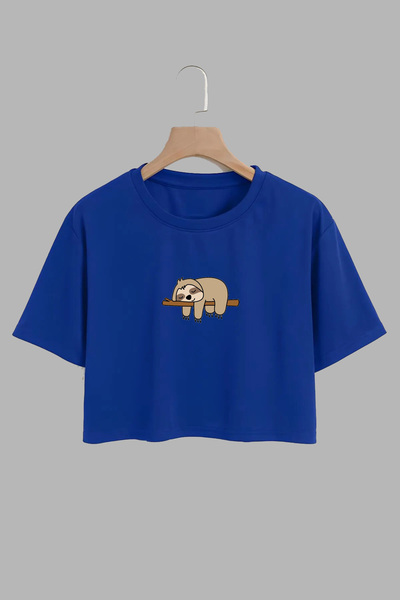 THEWERT Saks Blue Cotton Crop - للجنسين، مقاس كبير مطبوع عليه حيوانات كسولة