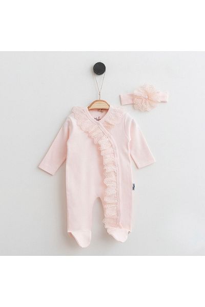 MİNİBORN Copy - Newborn Lace Bandana Salmon Jumpsuit Set