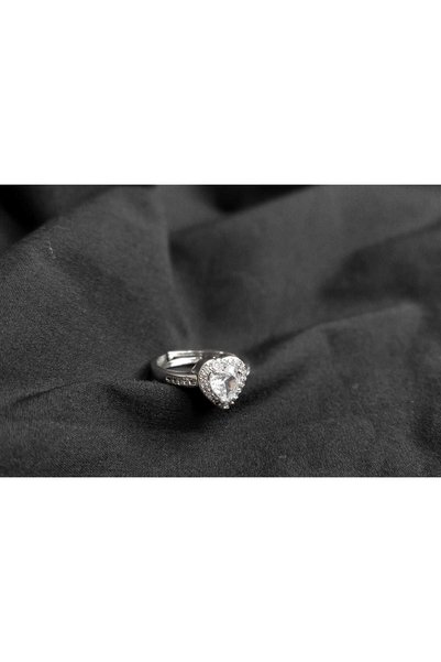 GM SİLVER White Heart Embellished Silver Adjustable Steel Ring