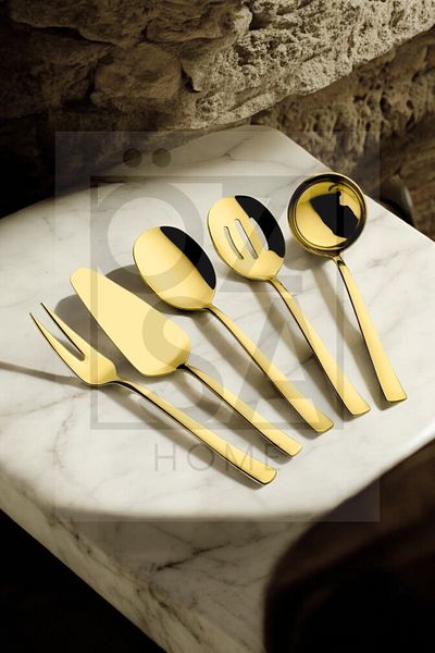 ÖzSa Home 5-Piece Stainless Steel Serving Set - Gold Sauce Presentation Set, Ladle, Colander, Spoon and Spatula