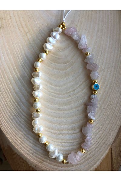 Stoneday Quartz Natural Stone Evil Eye Bead Detailed Pearl Phone Strap Phone Charm Lanyard Accessory