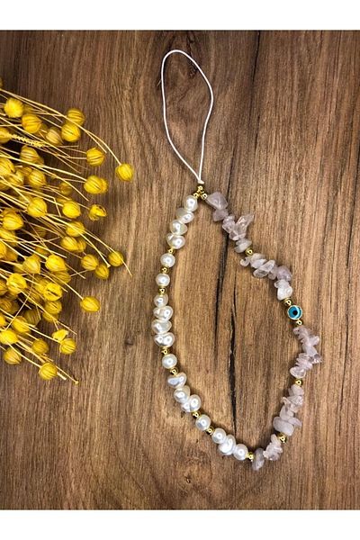 Stoneday Quartz Natural Stone Evil Eye Bead Detailed Pearl Phone Strap Phone Charm Lanyard Accessory