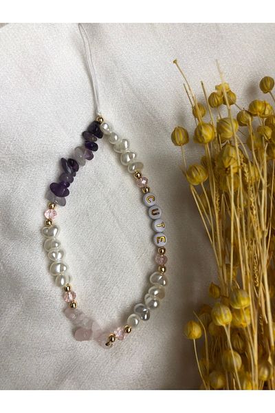 Stoneday Amethyst Quartz Natural Stoned Pink Crystal Gold Detailed Letter Bead Pearl Phone Strap Charm Rope