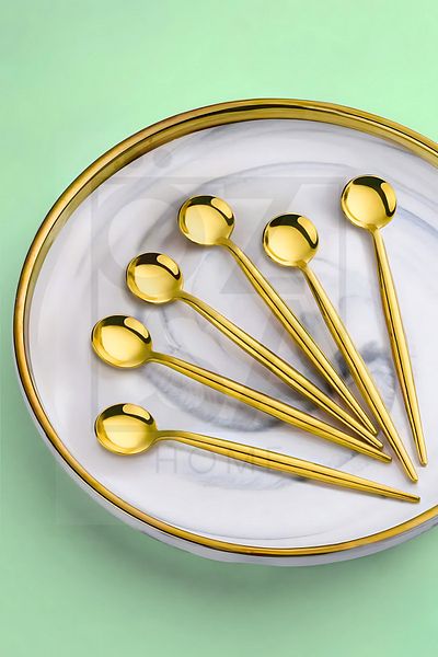 ÖzSa Home Lux Gold 6-Piece Stainless Steel Teaspoon - Round and Presentation, 13 cm