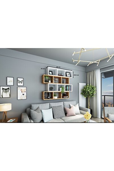 Dekormer Design Kitaplık Lux Yatay Duvar Rafı Kahve Beyaz 4 Lü Takım