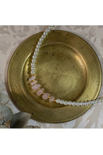 Stoneday Quartz Natural Stone Gold Detailed Pearl Design Necklace