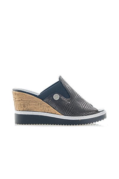 Mammamia MAMMAMIA Γυναικείες - Γνήσιες δερμάτινες σφηνοτάκουνες καθημερινές παντόφλες (36-40) 24Y D24YT-2035 Z Steel Lurex