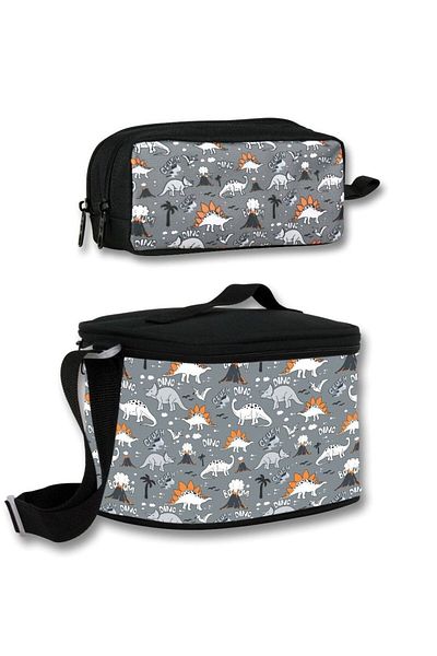 ÜMİT ÇANTA Ümit Çanta Boy's Insulated Lunch Box and Pen Holder Set - Black Gray Dinosaur