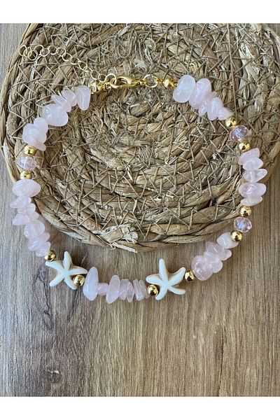 Stoneday Pink Quartz Natural Stone Pink Crystal Gold Detailed Starry Foot Accessory Anklet