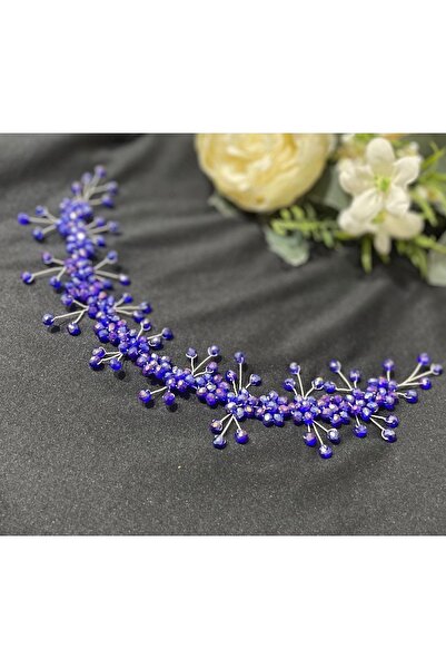 DesaAccessories Mavi Kristal Taşlı Nişan, Kına, Düğün Saç Aksesuarı, Gelin Tacı