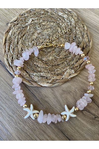 Stoneday Pink Quartz Natural Stone Pink Crystal Gold Detailed Starry Foot Accessory Anklet