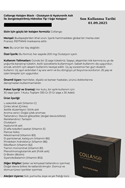 Collango 3 aylık Collango Kolajen Glutatyon -Toz Cilt Maskesi Hediye