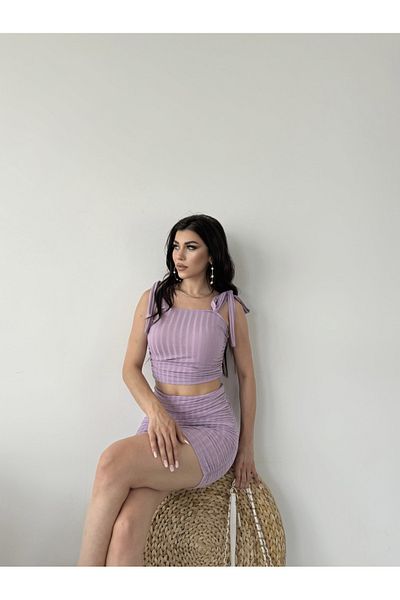 Fav Style Lilac Crop Blouse and Mini Skirt Set - Lace Detailed Gathered