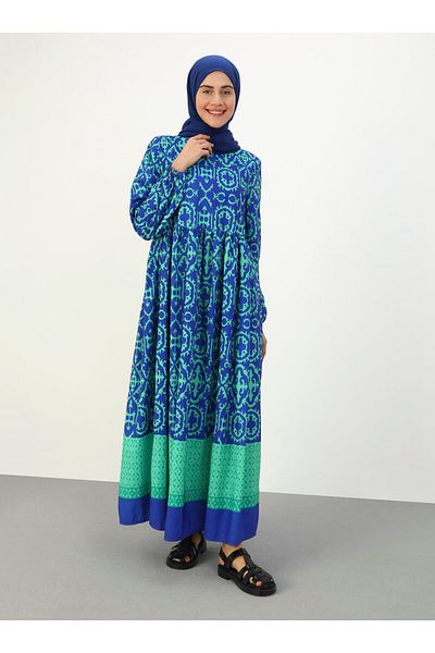 Benin Ethnic Patterned Natural Fabric Hijab Dress - Saxe Green Patterned - Benin