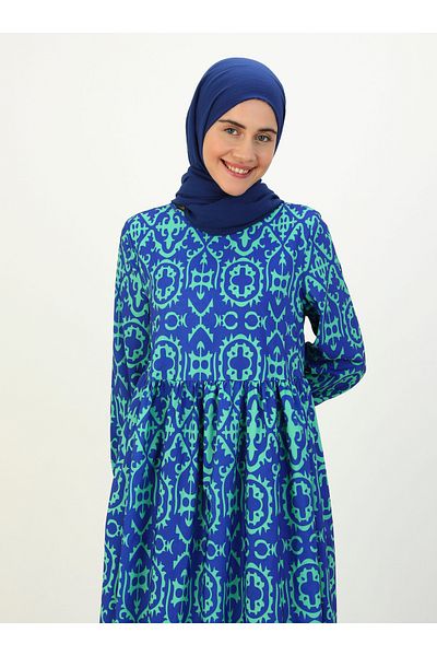 Benin Ethnic Patterned Natural Fabric Hijab Dress - Saxe Green Patterned - Benin