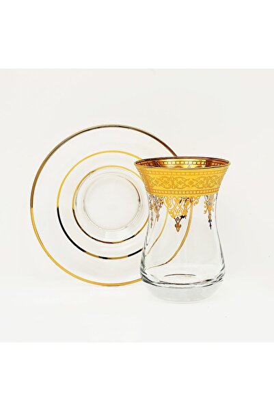Paşabahçe Altın Yaldızlı Çay Bardağı, Seti, 12 Parça, Ajda, 12 Ayar Altın