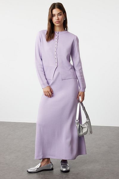 Trendyol Modest Lilac Knitwear Cardigan and Skirt Set - Button Detailed TCTAW25US00014