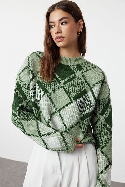 Trendyol Collection Pulover de tricotaj cu model de diamante crop mint TWOAW24KZ01126