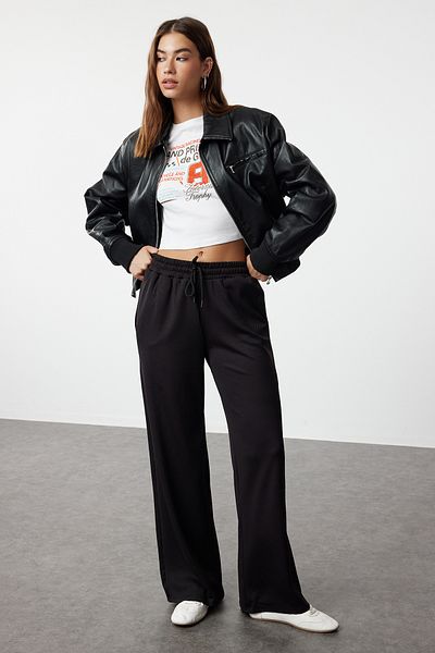 Trendyol Collection Black Wide Leg Ribbed Stretchy Trousers Twoaw25Pl00008