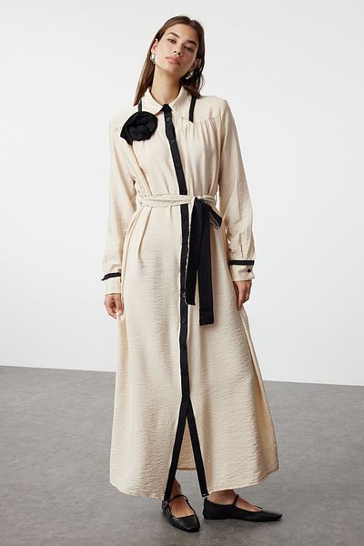 Trendyol Modest Ecru Black Rose Detailed Belted Woven Shirt Dress - TCTSS24EB00266