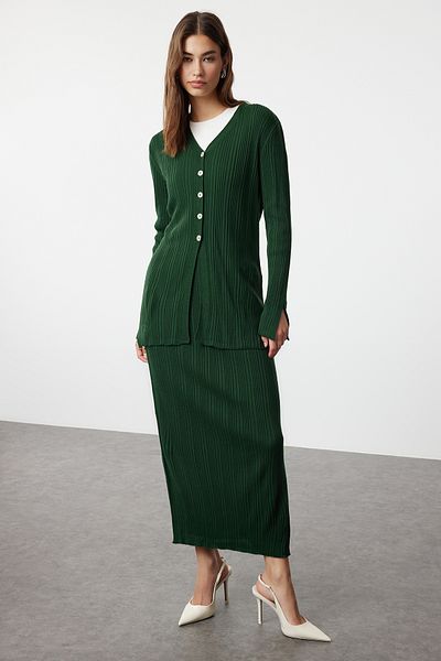 Trendyol Modest Emerald Green Knitwear Cardigan and Skirt Set - Tctaw25Us00047