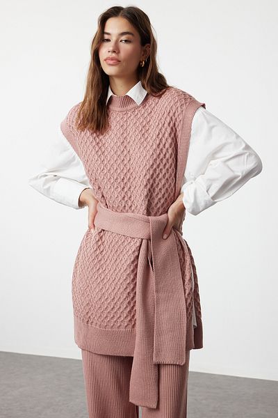 Trendyol Modest Rose Dried Belted Rice Knitted Sweater-Pants Knitwear Top and Bottom Set TCTAW24US00045