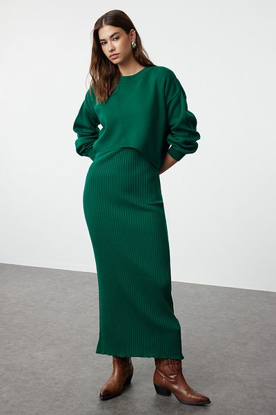 Trendyol Collection Σετ Πουλόβερ και Φόρεμα Πράσινο Μίντι Πλεκτό - TWOAW25EL00060