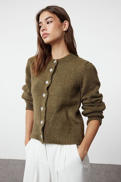 Trendyol Collection Khaki puha textúrájú drágakő gombos kabát megjelenésű kötöttáru kardigán TWOAW21HI0034