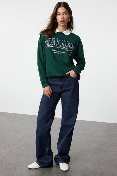 Trendyol Modest Πλεκτό φούτερ με γιακά πόλο κεντημένο σκούρο πράσινο - TCTAW23TW00083